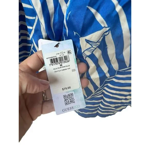 Guess Tamara Top Baja Palm Print Blue Half Sleeve Size Medium NEW With Tags - Picture 9 of 13